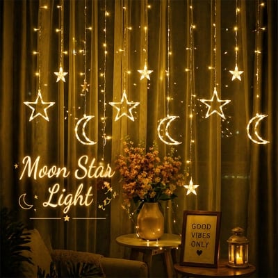 Picture of 16ft Moon & Star LED Fairy Lights for Curtains – 3 Moons, 3 Stars, 6 Small Stars, Decorative String Lights for Bedroom, Party, Wedding, Home Decor