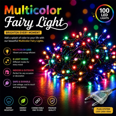 Picture of Beautiful Multicolour Fairy Lights Black Wire – LED String Lights for Room Decoration, Bedroom Curtain Party Wedding Indoor Decor