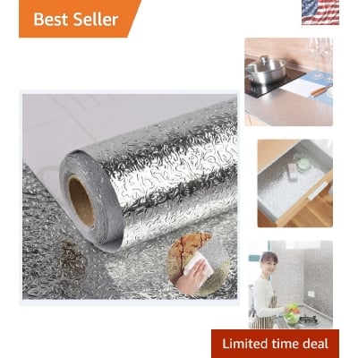 Picture of Self Adhesive Aluminum Foil Kitchen Wallpaper (5 Meter x 24 Inch) – Oil Proof Waterproof Backsplash Sticker for Wall, Cabinet & Table - Aluminum Foil Paper for Kitchen