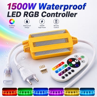 Picture of 1500W Waterproof RGB LED Strip Controller 24 Keys IR Remote with EU Plug for 2835 5050 RGB LED Tape Light Neon Rope Light Color Changing Decorative Lighting Controller for Room Home Party Shop