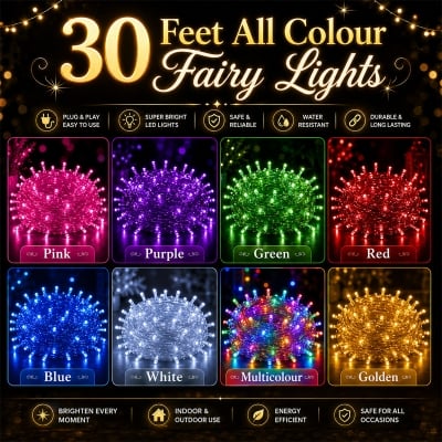 Picture of 100 LED 30ft Plug-in String Fairy Lights Waterproof Decorative Light with 8 Flash Modes for Wedding, Home, Garden, Bedroom, Balcony, Party, Festival & Event Decoration – Warm White, Red, Blue, White, Colorful, Pink, Purple, Yellow, Green