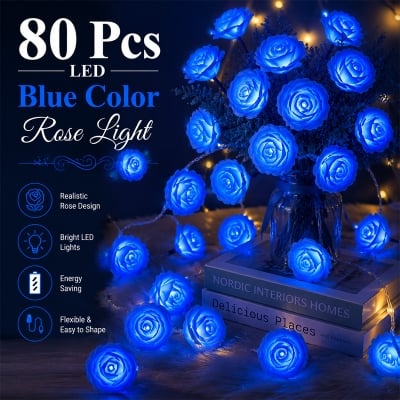 Picture of 80 Pcs LED Blue Color Rose Flash String Fairy Light | 25 Feet Long Decorative LED String Lights | Home, Garden, Party, Wedding Decoration