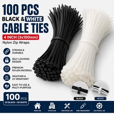 Picture of 100 Pcs Black & White Cable Ties 4 Inch (3x100mm) Nylon Zip Wraps – Heavy Duty Plastic Wire Management Straps for Home, Office, Electrical & Industrial Use