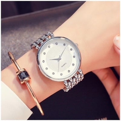Picture of Stainless Steel Female Clock Ladies Fashion Casual Quartz Watch Women Watches-3221 - Silver