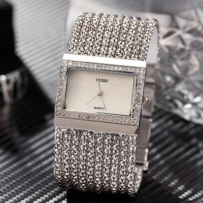 Picture of Square Women Watch Crystal Stainless Steel for Women Quartz Ultra-thin Bracelet Watches-5908 - Silver