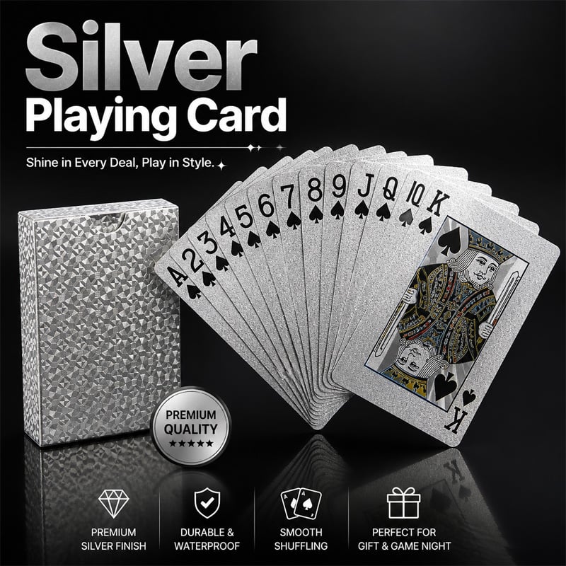 Picture of Silver Foil Playing Cards – Waterproof Plastic Poker Cards for Poker Game, Gift Collection, Holiday Party Activities, Chess and Card Souvenirs