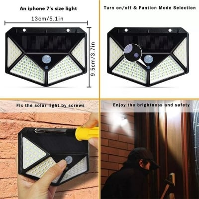 Picture of Solar Power 100 LEDs Motion Sensor Outdoor Security Light – Waterproof PIR Sensor Wall Lamp for Garden, Yard, Garage, Pathway, Fence & Home Security
