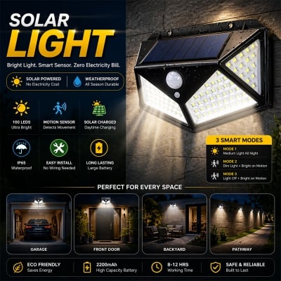 Picture of 100 LED Solar Wall Light with PIR Motion Sensor | Outdoor Waterproof IP65 Solar Lamp for Garden, Patio & Street Light