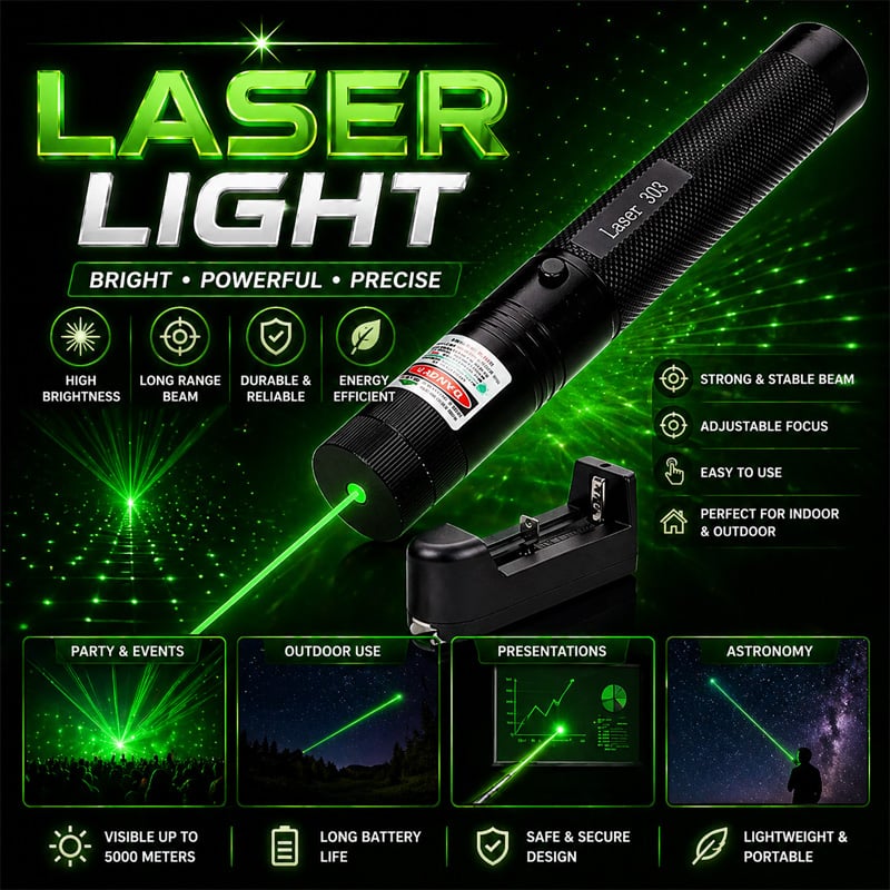 Picture of Green Laser 303 Pointer 10KM Adjustable Focus – High Power Professional Laser Light for Outdoor, Presentation, Astronomy Pointing