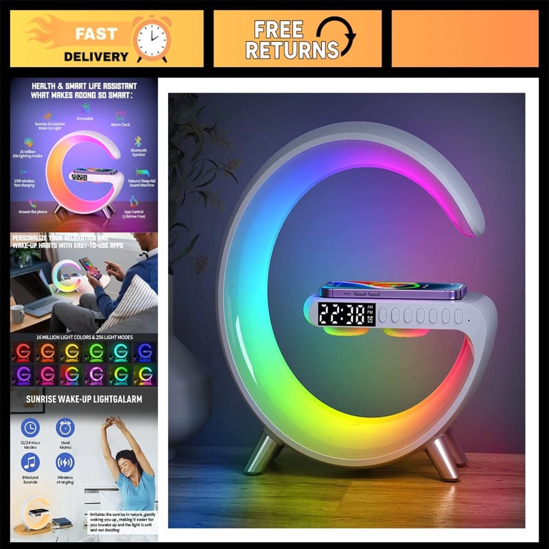 Picture of G63 Speaker Lamp - 4-in-1 Smart LED Table Lamp with Wireless Charger, Bluetooth Speaker, Alarm Clock & App Control Night Light - Charger G Lamp with Sunrise Alarm for Bedroom & Bedside table (G Speaker) Clock Bluetooth Speaker