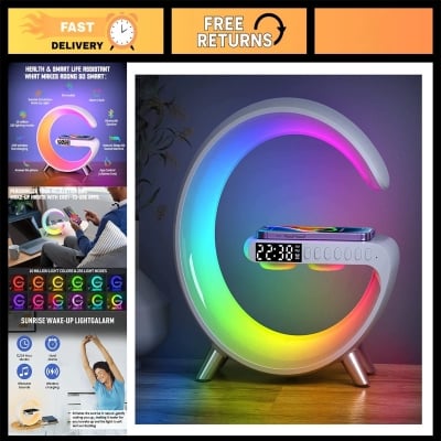 Picture of G63 Speaker Lamp - 4-in-1 Smart LED Table Lamp with Wireless Charger, Bluetooth Speaker, Alarm Clock & App Control Night Light - Charger G Lamp with Sunrise Alarm for Bedroom & Bedside table (G Speaker) Clock Bluetooth Speaker