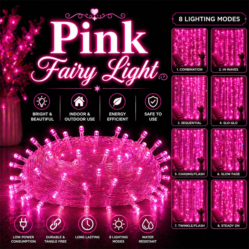 Picture of 100 LED 30ft Plug-in String Fairy Lights Waterproof Decorative Light with 8 Flash Modes for Wedding, Home, Garden, Bedroom, Balcony, Party, Festival & Event Decoration – Warm White, Red, Blue, White, Colorful, Pink, Purple, Yellow, Green