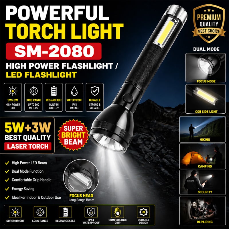 Picture of Powerful Torch Light SM-2080 High Power LED Flashlight – Rechargeable, Waterproof, 1000M Long Range, Zoomable, Compact Design, Digital Display, Ideal for Outdoor, Camping, Emergency, Hiking, and Heavy Duty Use