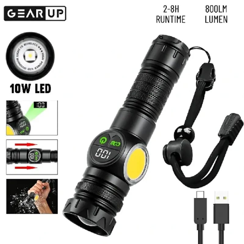 Picture of High Power LED Flashlight – GearUP K60 10W COB + LED Torch – Rechargeable, Waterproof, Zoom Function, Magnetic Base – 7700mAh Battery for Outdoor, Camping, Emergency, and Heavy-Duty Use