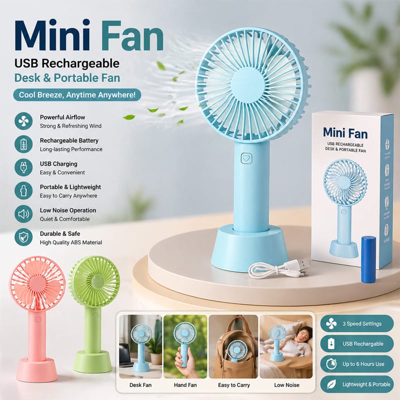 Picture of Mini Fan USB Rechargeable Desk and Portable Hand Fan - 2200mAh Lithium Battery, Power Bank Feature, Multiple Speed Settings