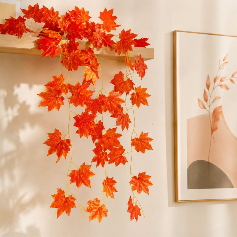 Picture of 1 Pcs Artificial Ivy Red Maple Plastic Fake Leaves Garland 7ft Long Hanging Vine Leaf for Home, Garden, Wall, Balcony, Office, Party & Event Decoration