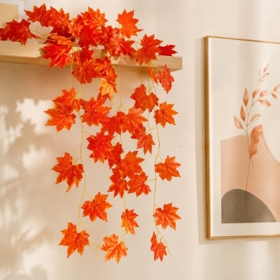 Picture of 1 Pcs Artificial Ivy Red Maple Plastic Fake Leaves Garland 7ft Long Hanging Vine Leaf for Home, Garden, Wall, Balcony, Office, Party & Event Decoration