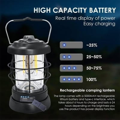 Picture of Retro Portable Camping Lantern USB Rechargeable LED Light – Vintage Outdoor Tent Lamp for Camping, Hiking, Travel, Emergency & Home Use
