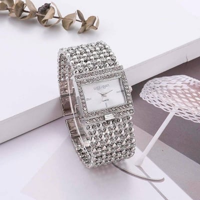 Picture of Luxury Rhinestone Bracelet Wide Stainless Steel Rose Gold Women Watches - Silver