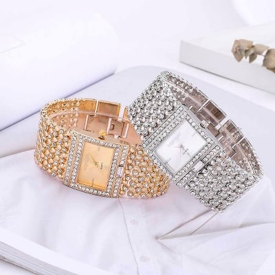 Picture of Luxury Rhinestone Bracelet Wide Stainless Steel Rose Gold Women Watches - Silver