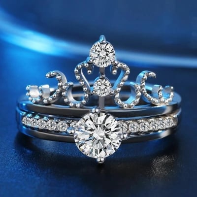 Picture of Popular Womens Princess Crown Wedding Rings 2 in 1 With Round Shining Cubic S925 Silver Rings For Womens Europe Brand Opening Rings Jewelry - Silver - Adjustable