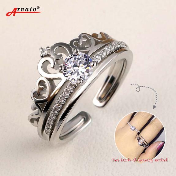 Picture of Popular Womens Princess Crown Wedding Rings 2 in 1 With Round Shining Cubic S925 Silver Rings For Womens Europe Brand Opening Rings Jewelry - Silver - Adjustable