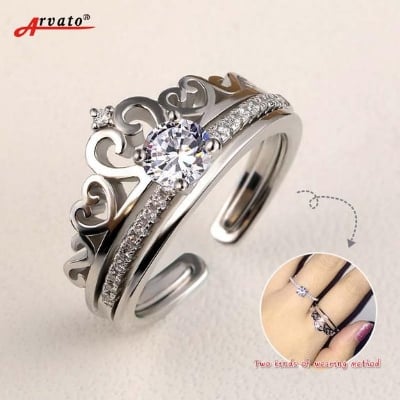 Picture of Popular Womens Princess Crown Wedding Rings 2 in 1 With Round Shining Cubic S925 Silver Rings For Womens Europe Brand Opening Rings Jewelry - Silver - Adjustable
