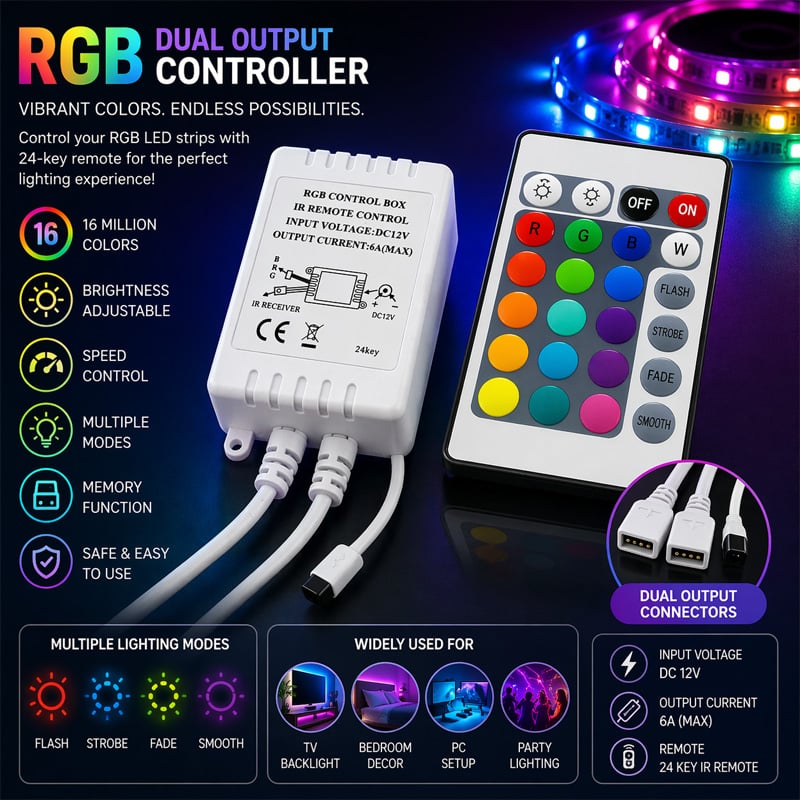 Picture of 24 Key RGB LED Controller with Remote – 3 Channel PWM LED Dimmer, CE RoHS Certified, DC 12V RGB Strip Light Controller for 2835 3528 5050