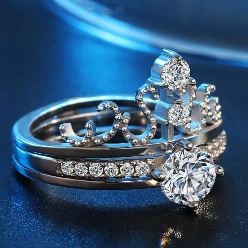 Picture of Popular Womens Princess Crown Wedding Rings 2 in 1 With Round Shining Cubic S925 Silver Rings For Womens Europe Brand Opening Rings Jewelry - Silver