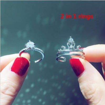 Picture of Popular Womens Princess Crown Wedding Rings 2 in 1 With Round Shining Cubic S925 Silver Rings For Womens Europe Brand Opening Rings Jewelry - Silver