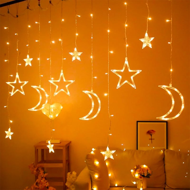 Picture of 16ft Moon & Star LED Fairy Lights for Curtains – 3 Moons, 3 Stars, 6 Small Stars, Decorative String Lights for Bedroom, Party, Wedding, Home Decor