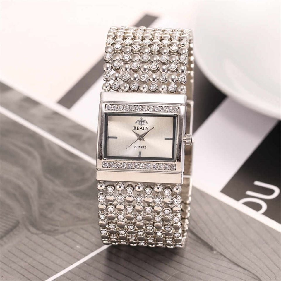 Picture of Luxury Rhinestone Bracelet Wide Stainless Steel Rose Gold Women Watches - Silver