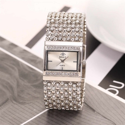 Picture of Luxury Rhinestone Bracelet Wide Stainless Steel Rose Gold Women Watches - Silver