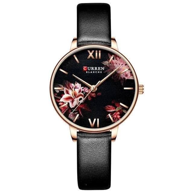 Picture of Fashion Flower Stainless Steel Mesh Leather Women's Watches Leather - Black