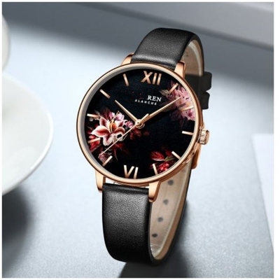 Picture of Fashion Flower Stainless Steel Mesh Leather Women's Watches Leather - Black