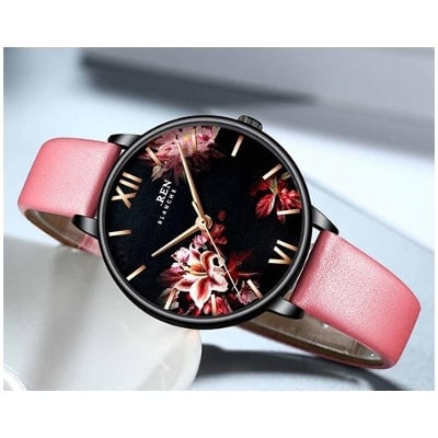 Picture of Fashion Flower Stainless Steel Mesh Leather Women's Watches Leather - Pink