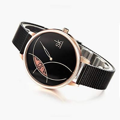 Picture of Women's Stainless Steel Quartz Wrist Watch Waterproof Unique Design Mesh Bracelet - Black