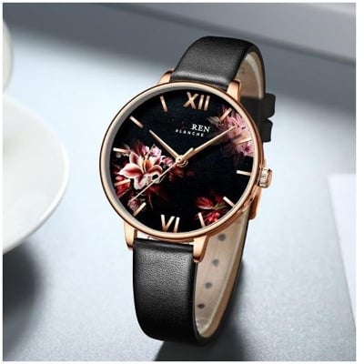 Picture of Fashion Flower Stainless Steel Mesh Leather Women's Watches Leather - Black