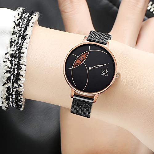 Picture of Women's Stainless Steel Quartz Wrist Watch Waterproof Unique Design Mesh Bracelet - Black