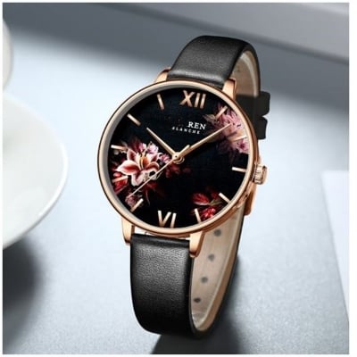 Picture of Fashion Flower Stainless Steel Mesh Leather Women's Watches Leather - Black