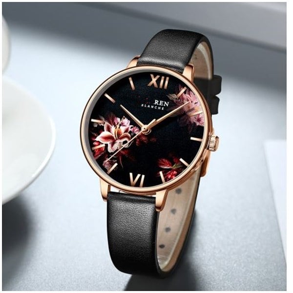 Picture of Fashion Flower Stainless Steel Mesh Leather Women's Watches Leather - Black