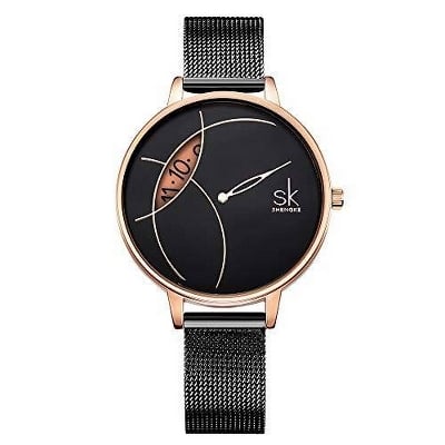Picture of Women's Stainless Steel Quartz Wrist Watch Waterproof Unique Design Mesh Bracelet - Black