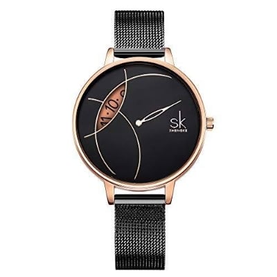 Picture of Women's Stainless Steel Quartz Wrist Watch Waterproof Unique Design Mesh Bracelet - Black
