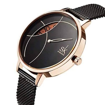 Picture of Women's Stainless Steel Quartz Wrist Watch Waterproof Unique Design Mesh Bracelet - Black