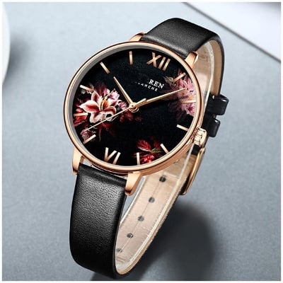 Picture of Fashion Flower Stainless Steel Mesh Leather Women's Watches Leather - Black