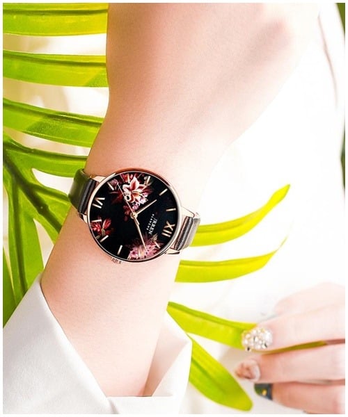 Picture of Fashion Flower Stainless Steel Mesh Leather Women's Watches Leather - Black