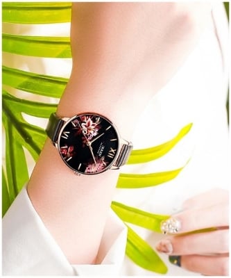 Picture of Fashion Flower Stainless Steel Mesh Leather Women's Watches Leather - Black