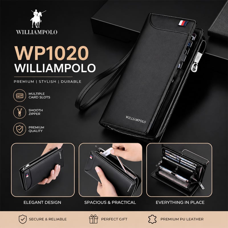 Picture of WP1020 WILLIAMPOLO Genuine Leather Long Clutch Wallet for Men – Zipper Business Wallet, Premium Stylish Organizer