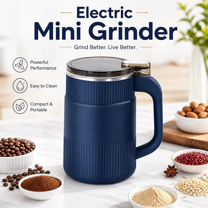 Picture of Household Small Powder Grinding Machine Electric Mini Spice Grinder 5 Blade 304 Stainless Steel Coffee Bean Grain Grinder Fine Powder Blue Win Accessories