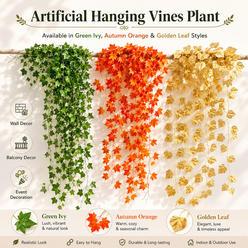 Picture of Artificial Hanging Vines Plant 14ft 7+7 Decorative Green Leaf Garland for Home, Office Wall, Balcony, Wedding, Party, Event, Garden & Room Decoration